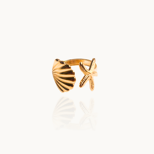 18k Gold Plated Starfish and Shell Ring